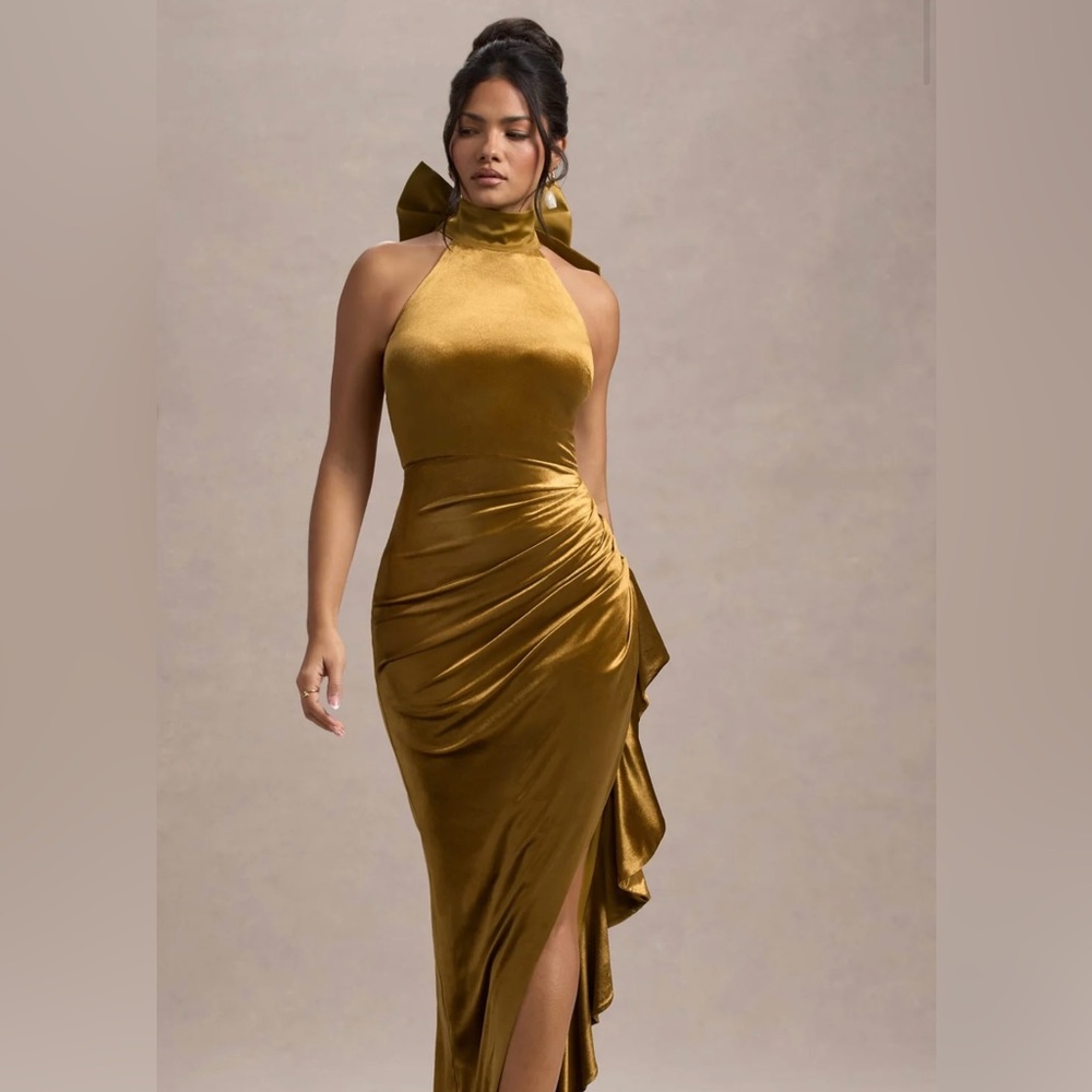 Janiya- Mustard velvet high neck maxi dress